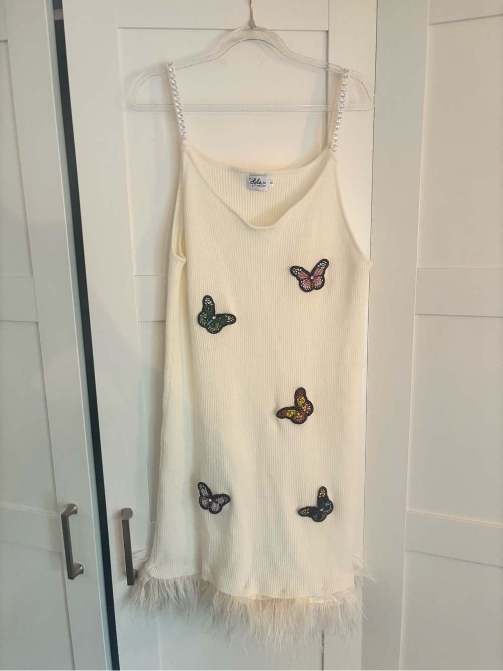 Lola and the Boys Crystal Butterfly Feather Trim Sweater Dress Size Small - Picture 3 of 8